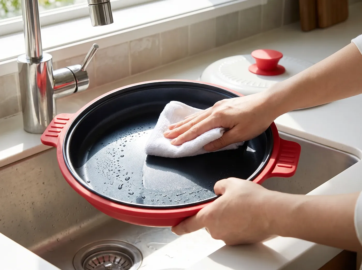 Wiping the JetChef pan clean with a cloth