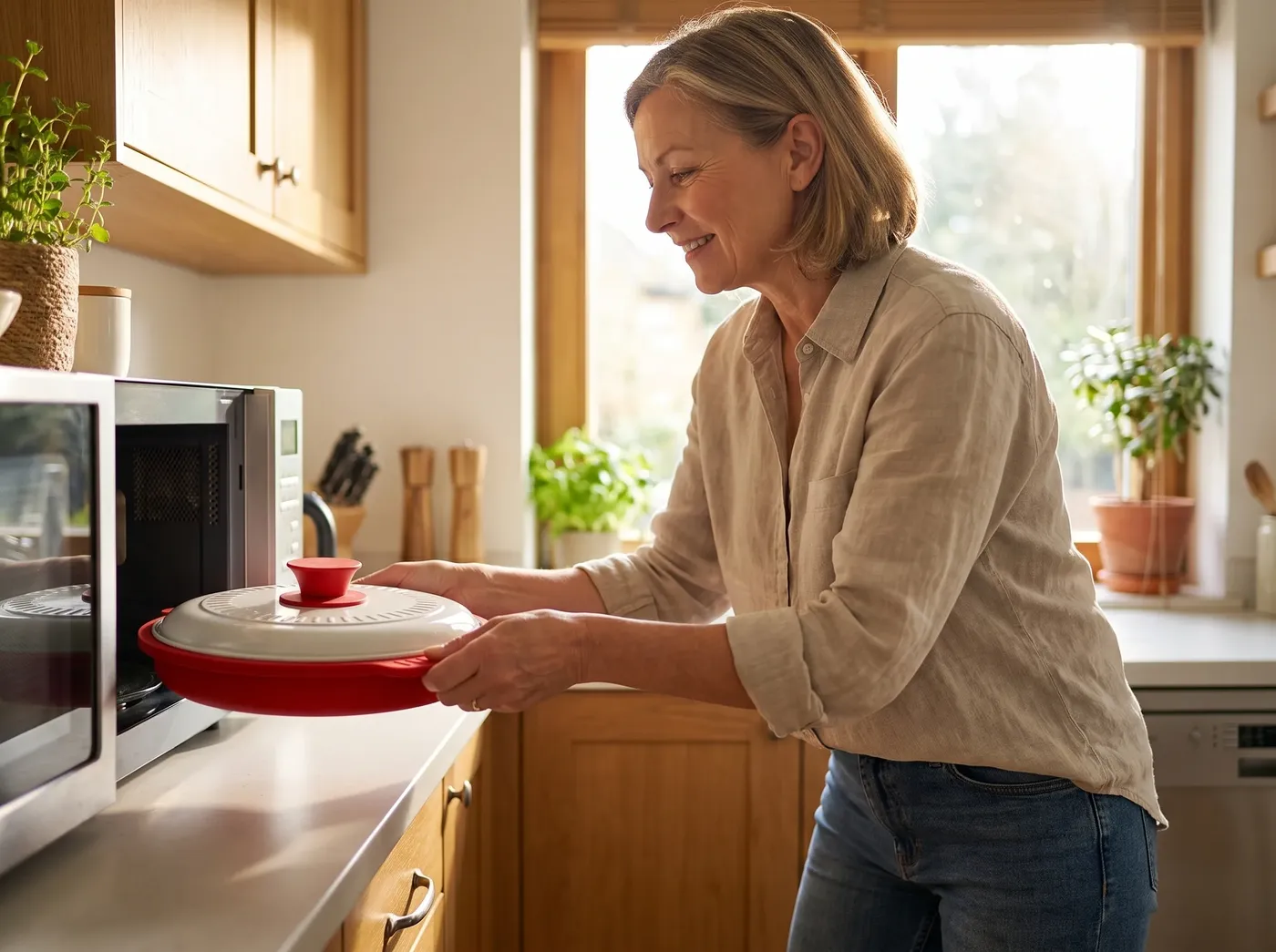 Sliding the JetChef pan into a microwave in a home kitchen