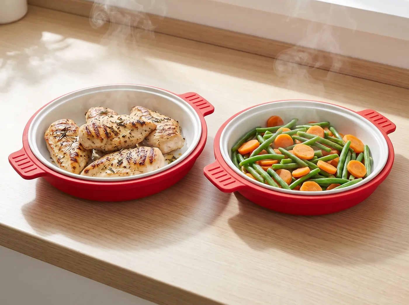 Two JetChef pans cooking a main and a side together