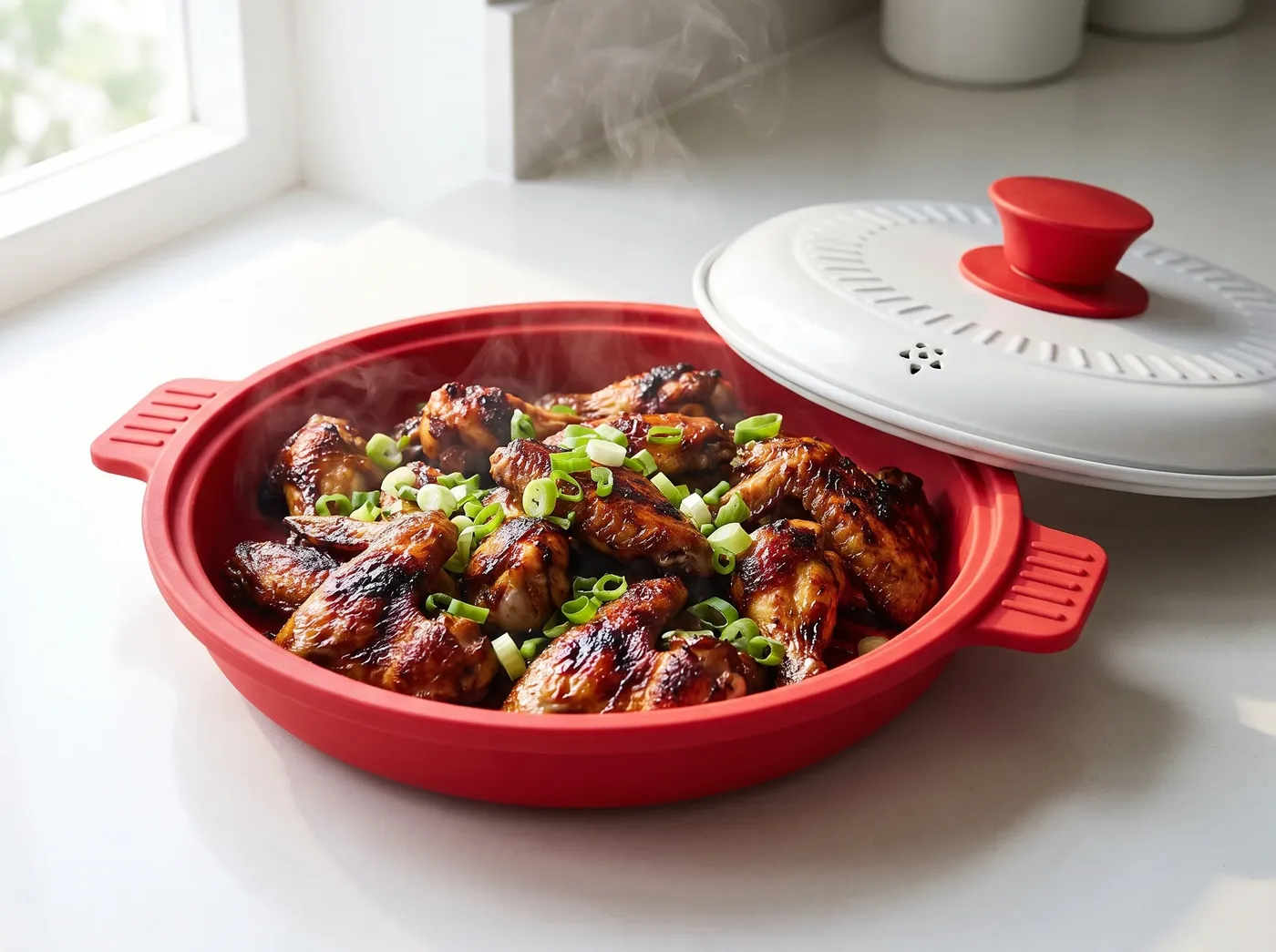 Reheated chicken wings with crisp skin on the JetChef pan
